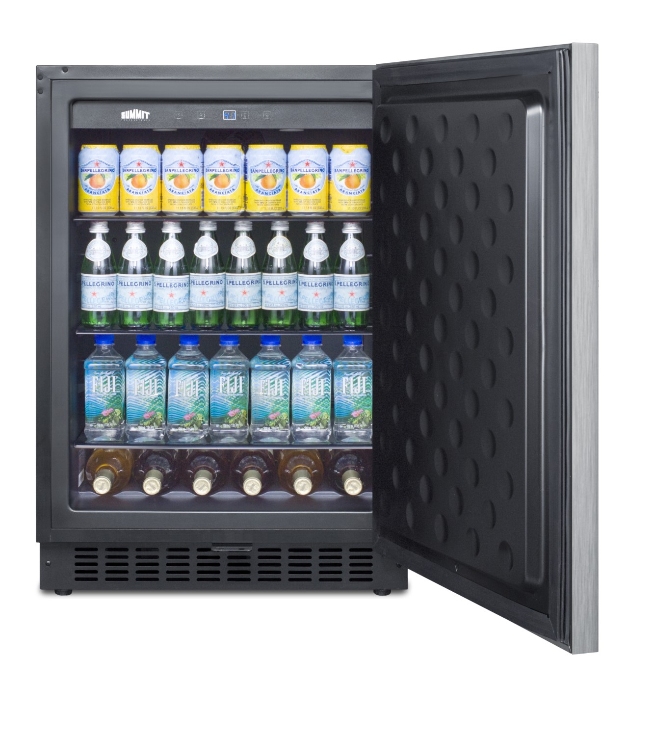 Outdoor all-refrigerator for built-in use, with lock, digital thermostat, horizontal handle, and stainless steel wrapped exterior